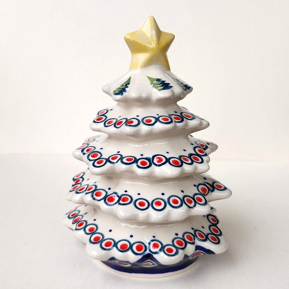 Boleslawiec Polish Pottery Peacock Pattern Christmas Tree w/Star Figurine Statue